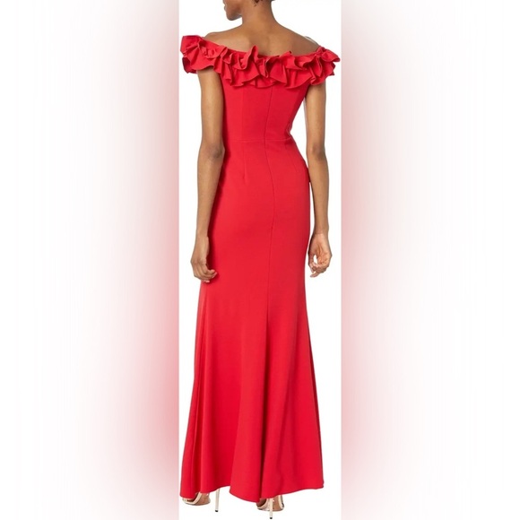 Xscape Long Crepe Over-the-Shoulder Ruffle Gown Sz 8 - Picture 2 of 9